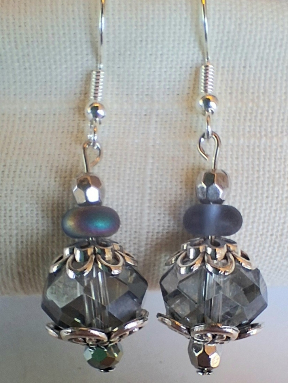 Smoky Gray Bead Drop 1 1/2" Pierced Earrings With Silver-Tone Bead Caps